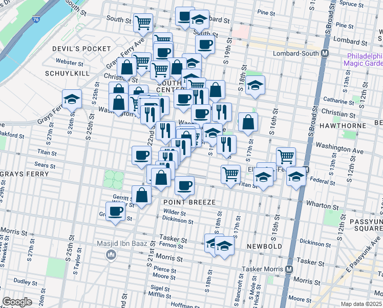 map of restaurants, bars, coffee shops, grocery stores, and more near 1201 South 20th Street in Philadelphia