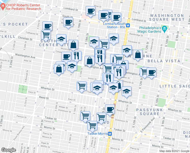 map of restaurants, bars, coffee shops, grocery stores, and more near 1614 Ellsworth Street in Philadelphia