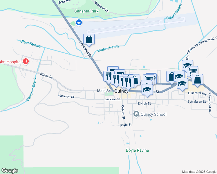 map of restaurants, bars, coffee shops, grocery stores, and more near 23 Crescent Street in Quincy