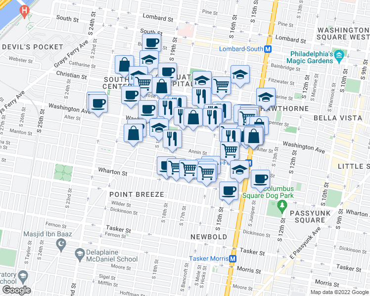 map of restaurants, bars, coffee shops, grocery stores, and more near 1730 Washington Avenue in Philadelphia