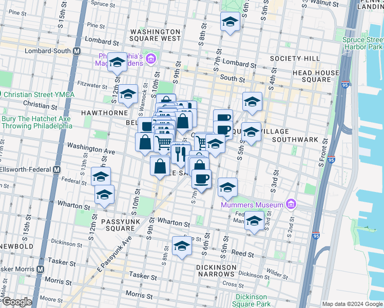 map of restaurants, bars, coffee shops, grocery stores, and more near 727 Carpenter Street in Philadelphia