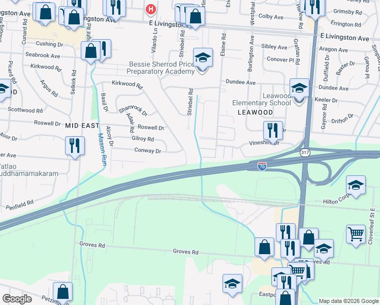 map of restaurants, bars, coffee shops, grocery stores, and more near 1782 Bostwick Road in Columbus