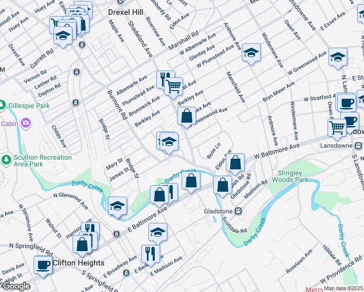 map of restaurants, bars, coffee shops, grocery stores, and more near 123 Abbey Terrace in Drexel Hill