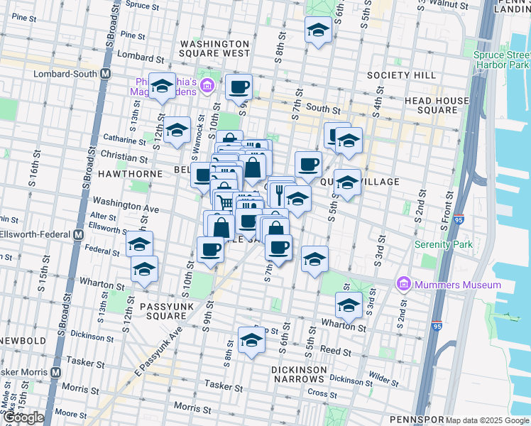 map of restaurants, bars, coffee shops, grocery stores, and more near 727 Carpenter Street in Philadelphia