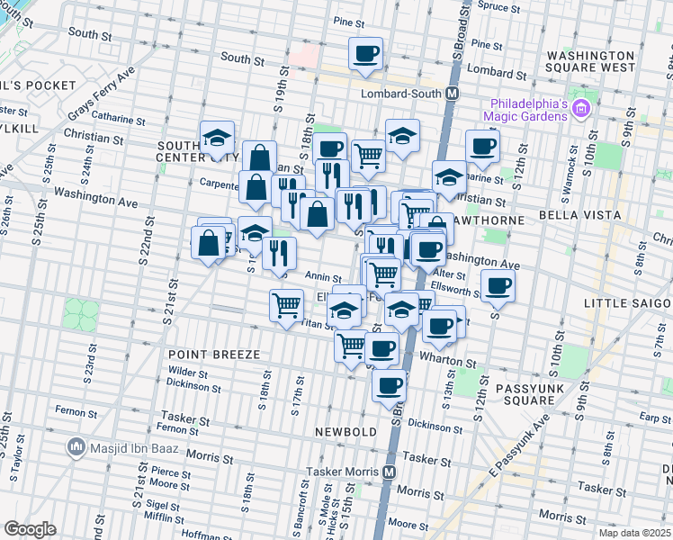 map of restaurants, bars, coffee shops, grocery stores, and more near 1614 Ellsworth Street in Philadelphia