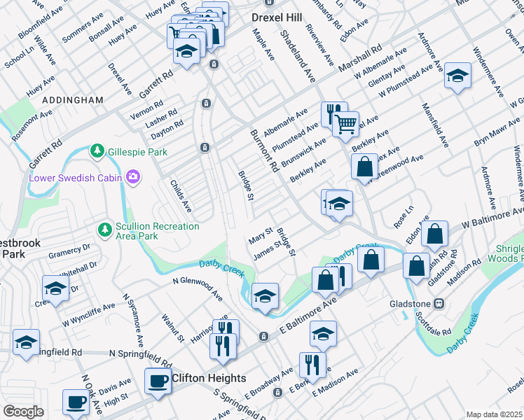 map of restaurants, bars, coffee shops, grocery stores, and more near 3855 Anne Street in Drexel Hill