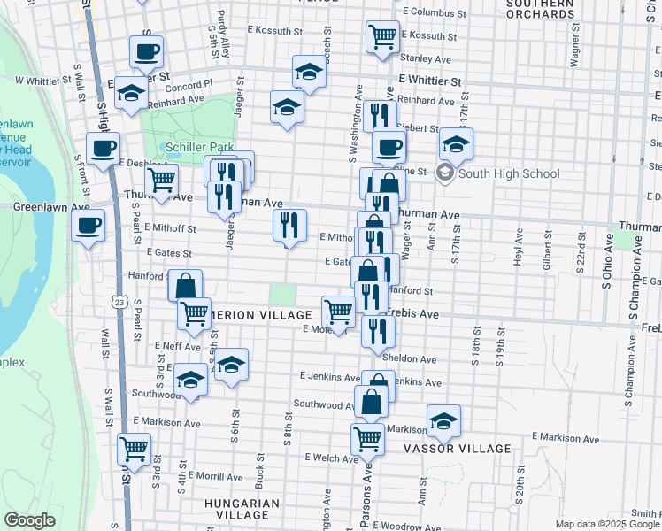 map of restaurants, bars, coffee shops, grocery stores, and more near 358 East Gates Street in Columbus