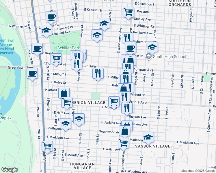 map of restaurants, bars, coffee shops, grocery stores, and more near 345 East Gates Street in Columbus