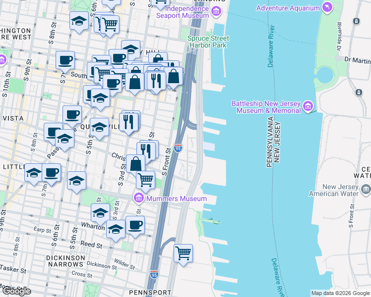 map of restaurants, bars, coffee shops, grocery stores, and more near 740 South Christopher Columbus Boulevard in Philadelphia