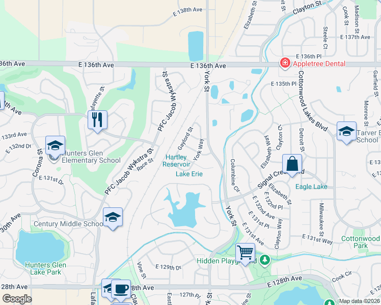 map of restaurants, bars, coffee shops, grocery stores, and more near 2020 East 134th Avenue in Thornton