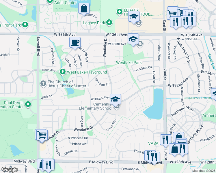 map of restaurants, bars, coffee shops, grocery stores, and more near 3119 West 134th Place in Broomfield