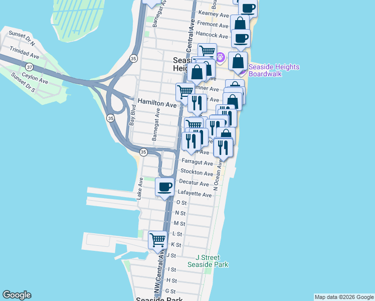 map of restaurants, bars, coffee shops, grocery stores, and more near 22 Ocean Boulevard in Seaside Heights
