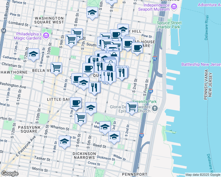 map of restaurants, bars, coffee shops, grocery stores, and more near 342 Queen Street in Philadelphia