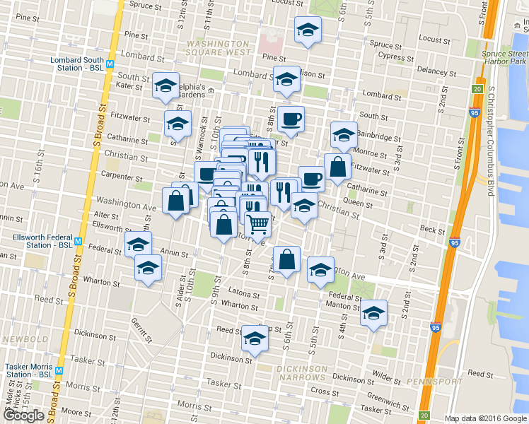 map of restaurants, bars, coffee shops, grocery stores, and more near 718 Hall Street in Philadelphia
