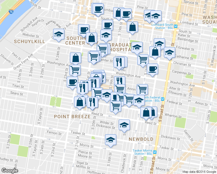 map of restaurants, bars, coffee shops, grocery stores, and more near 1912 Annin Street in Philadelphia
