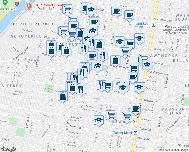 map of restaurants, bars, coffee shops, grocery stores, and more near 1912 Annin Street in Philadelphia