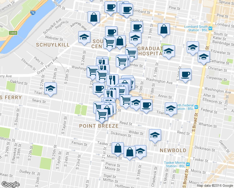 map of restaurants, bars, coffee shops, grocery stores, and more near 1201 South 21st Street in Philadelphia