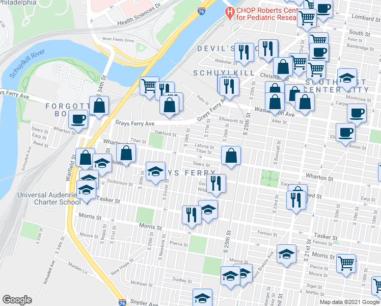 map of restaurants, bars, coffee shops, grocery stores, and more near 1266 South 28th Street in Philadelphia