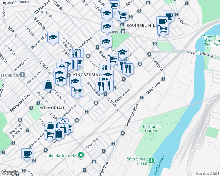 map of restaurants, bars, coffee shops, grocery stores, and more near 5329 Yocum Street in Philadelphia