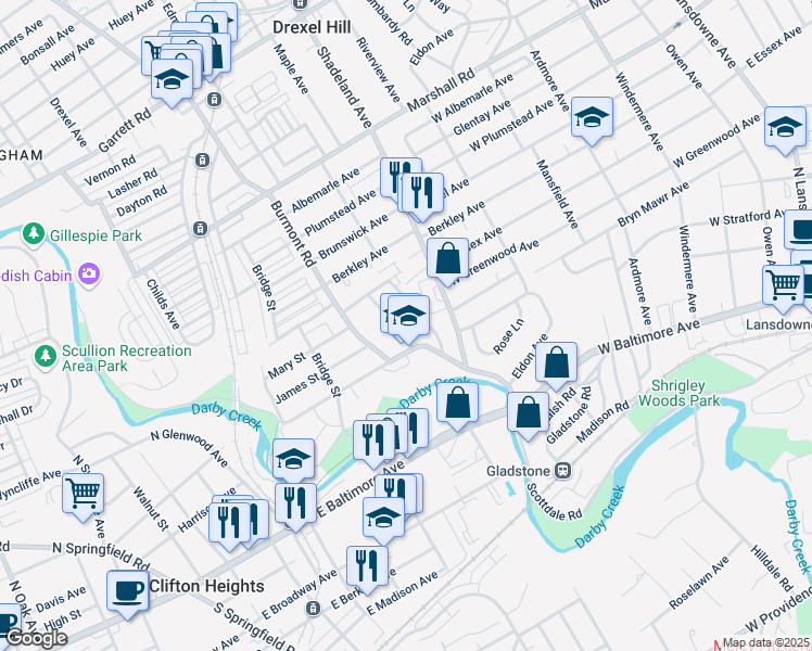map of restaurants, bars, coffee shops, grocery stores, and more near 134 Abbey Terrace in Drexel Hill