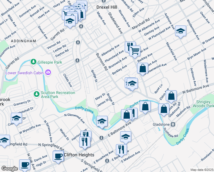 map of restaurants, bars, coffee shops, grocery stores, and more near 3835 Anne Street in Drexel Hill