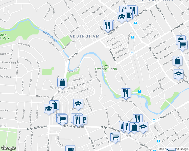 map of restaurants, bars, coffee shops, grocery stores, and more near 530 North Sycamore Avenue in Clifton Heights