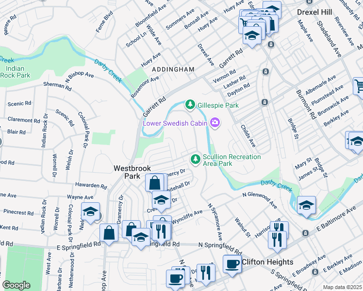 map of restaurants, bars, coffee shops, grocery stores, and more near 539 Seven Oaks Drive in Clifton Heights