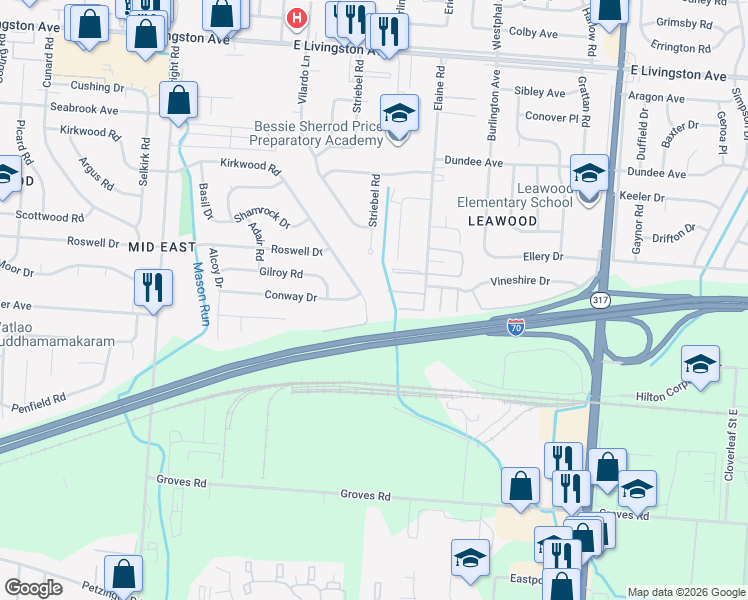 map of restaurants, bars, coffee shops, grocery stores, and more near 1782 Bostwick Road in Columbus