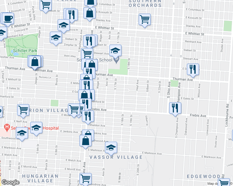 map of restaurants, bars, coffee shops, grocery stores, and more near 1289 South 17th Street in Columbus