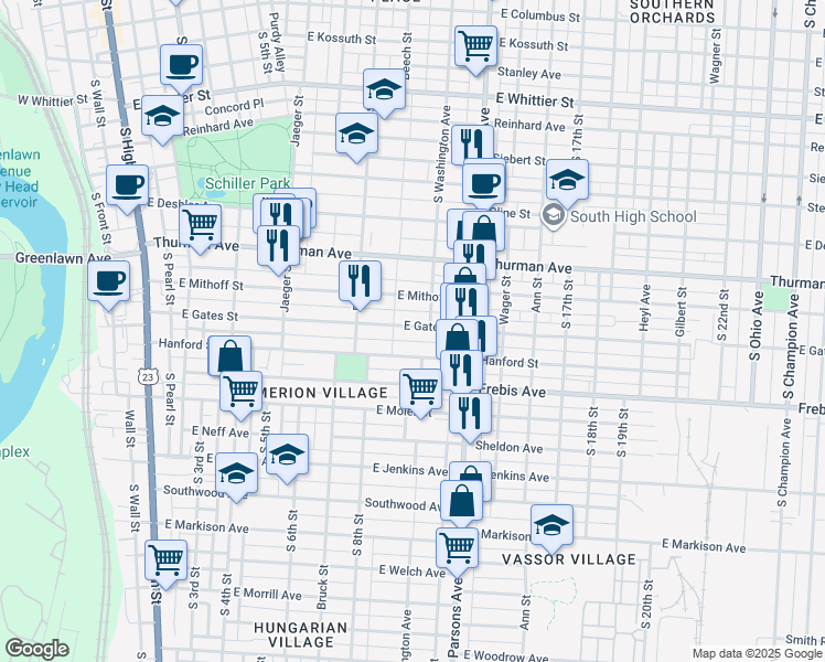 map of restaurants, bars, coffee shops, grocery stores, and more near 358 East Gates Street in Columbus