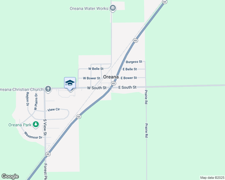 map of restaurants, bars, coffee shops, grocery stores, and more near 100-198 W South St in Oreana