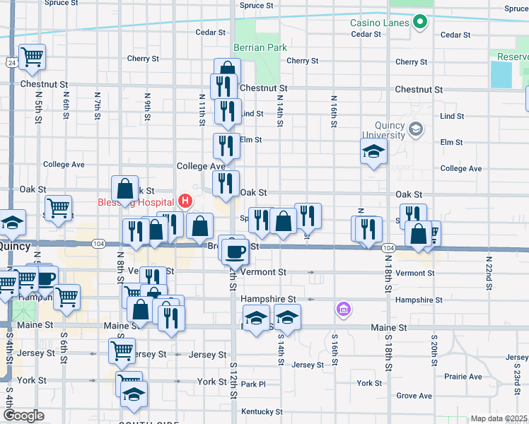 map of restaurants, bars, coffee shops, grocery stores, and more near 515 North 13th Street in Quincy