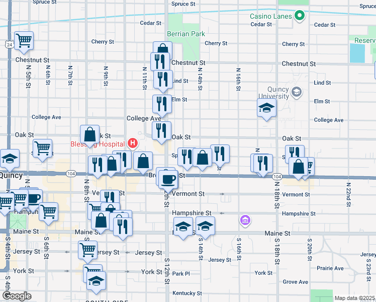map of restaurants, bars, coffee shops, grocery stores, and more near 515 North 13th Street in Quincy