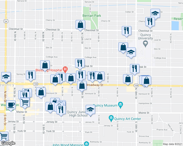 map of restaurants, bars, coffee shops, grocery stores, and more near 515 North 13th Street in Quincy