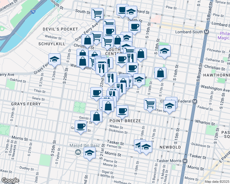 map of restaurants, bars, coffee shops, grocery stores, and more near 2043 Manton Street in Philadelphia