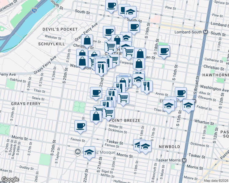 map of restaurants, bars, coffee shops, grocery stores, and more near 1201 South 21st Street in Philadelphia