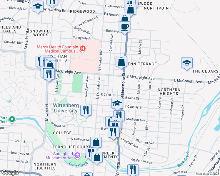 map of restaurants, bars, coffee shops, grocery stores, and more near 1101 Garfield Avenue in Springfield