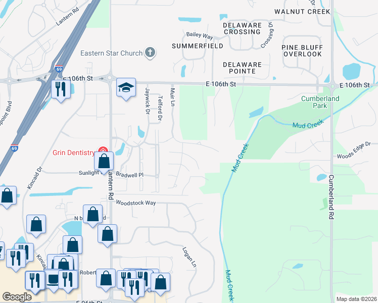 map of restaurants, bars, coffee shops, grocery stores, and more near 9187 Muir Lane in Fishers