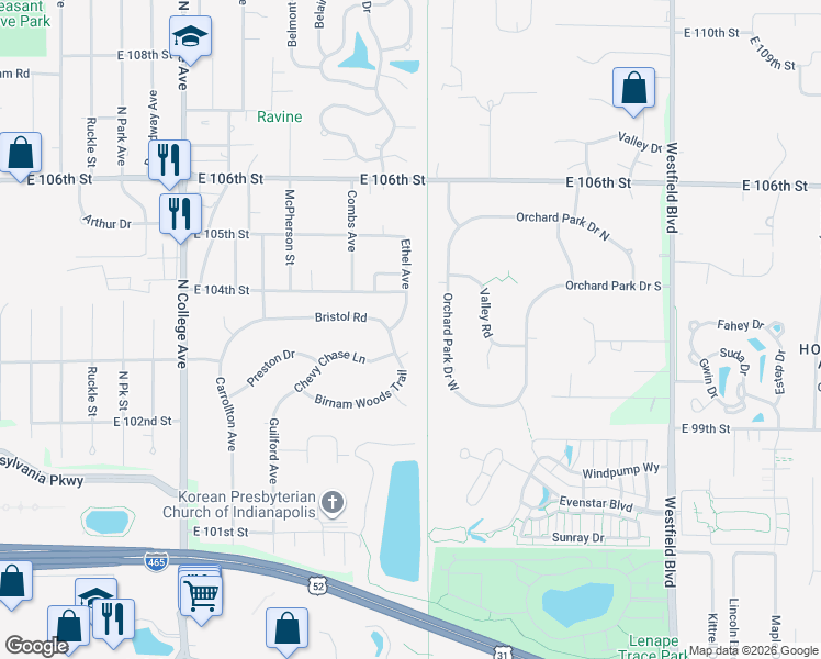 map of restaurants, bars, coffee shops, grocery stores, and more near 10340 Winchester Place in Indianapolis