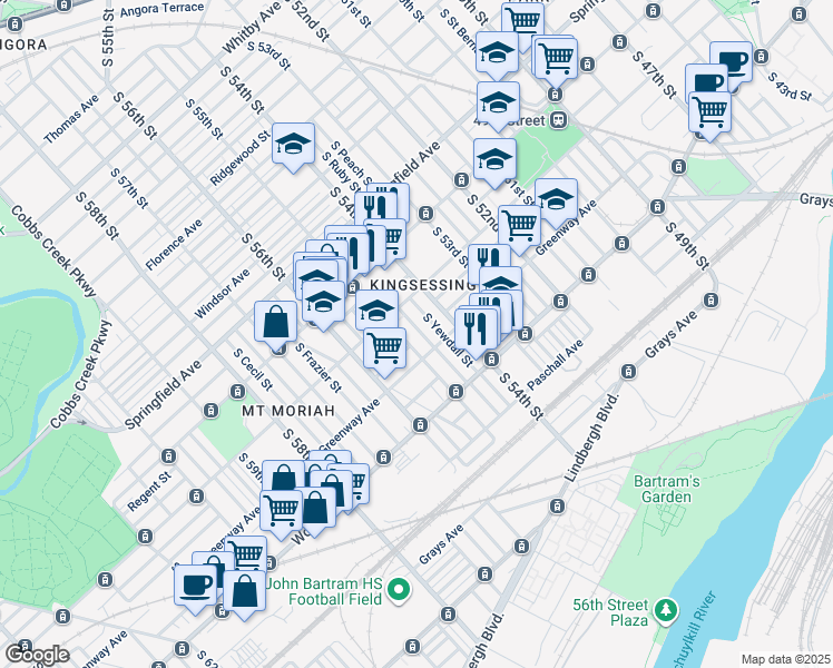 map of restaurants, bars, coffee shops, grocery stores, and more near 1640 South Conestoga Street in Philadelphia