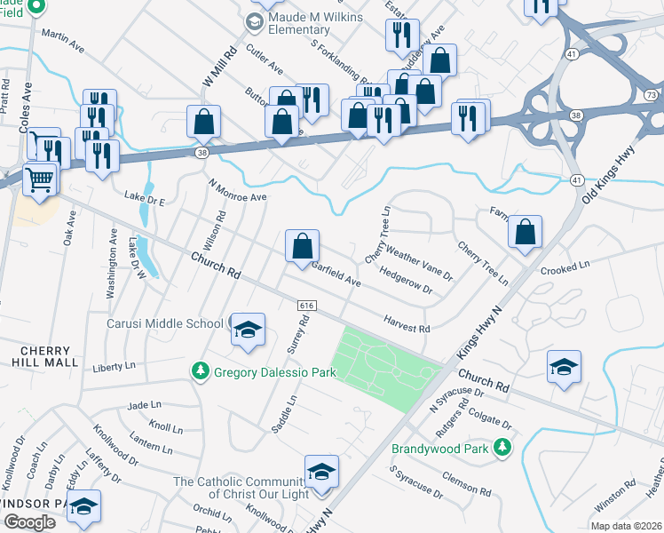 map of restaurants, bars, coffee shops, grocery stores, and more near 208 Garfield Avenue in Cherry Hill
