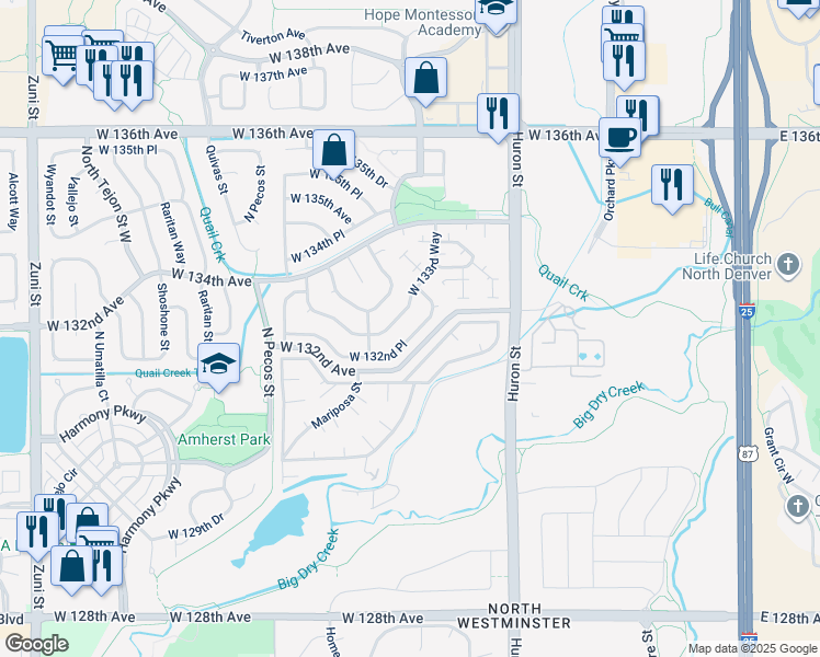 map of restaurants, bars, coffee shops, grocery stores, and more near 1211 West 132nd Place in Westminster