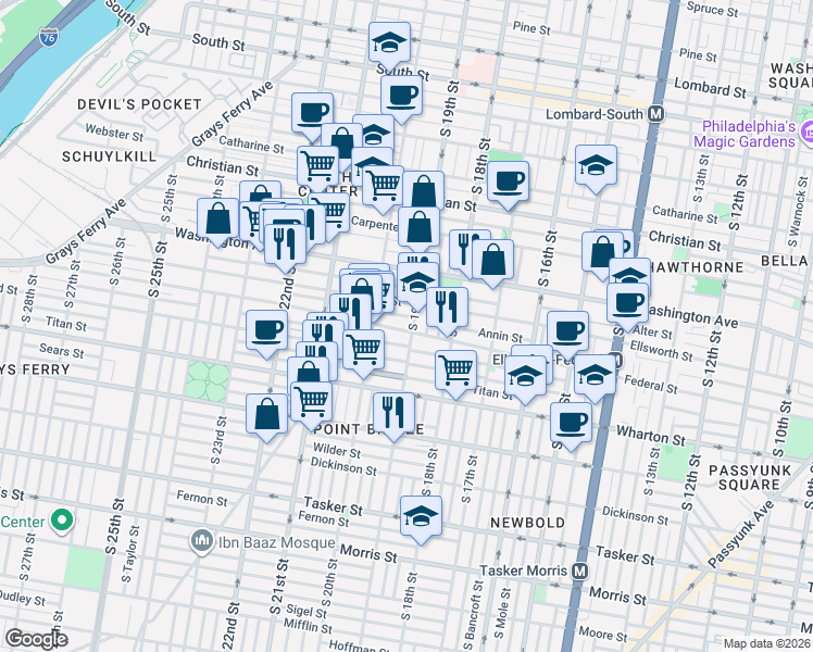 map of restaurants, bars, coffee shops, grocery stores, and more near 1912 Annin Street in Philadelphia
