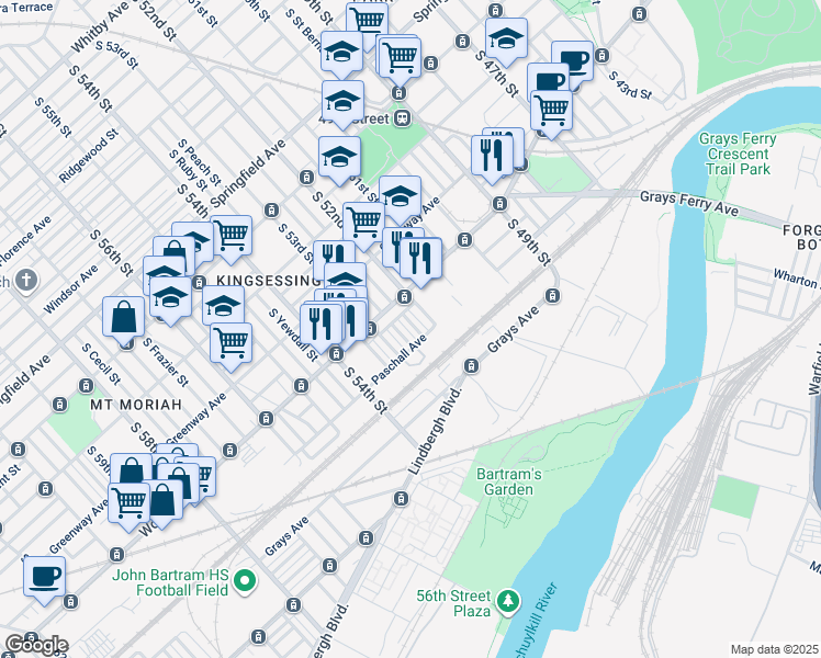 map of restaurants, bars, coffee shops, grocery stores, and more near 1634 South Wilton Street in Philadelphia