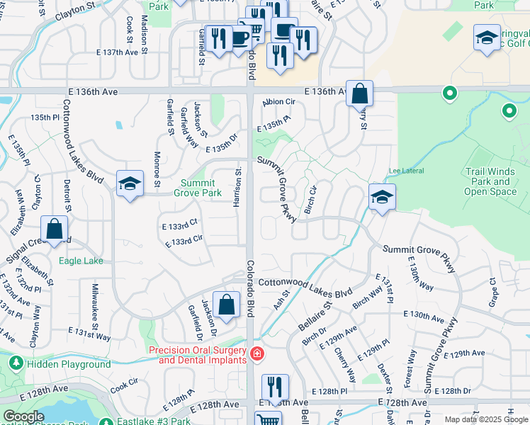 map of restaurants, bars, coffee shops, grocery stores, and more near 4085 East 133rd Circle in Thornton