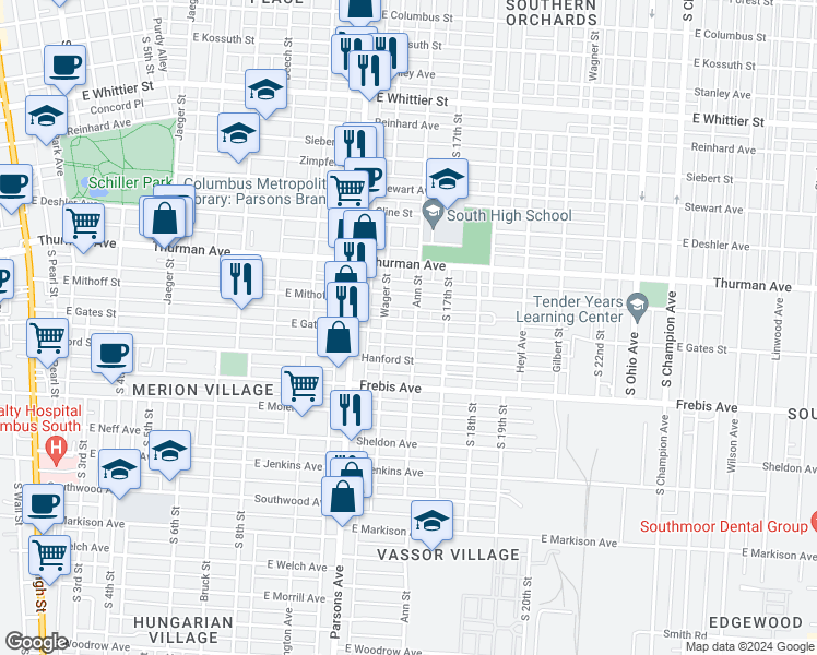 map of restaurants, bars, coffee shops, grocery stores, and more near 530 East Gates Street in Columbus