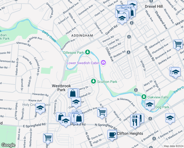 map of restaurants, bars, coffee shops, grocery stores, and more near 502 North Sycamore Avenue in Clifton Heights