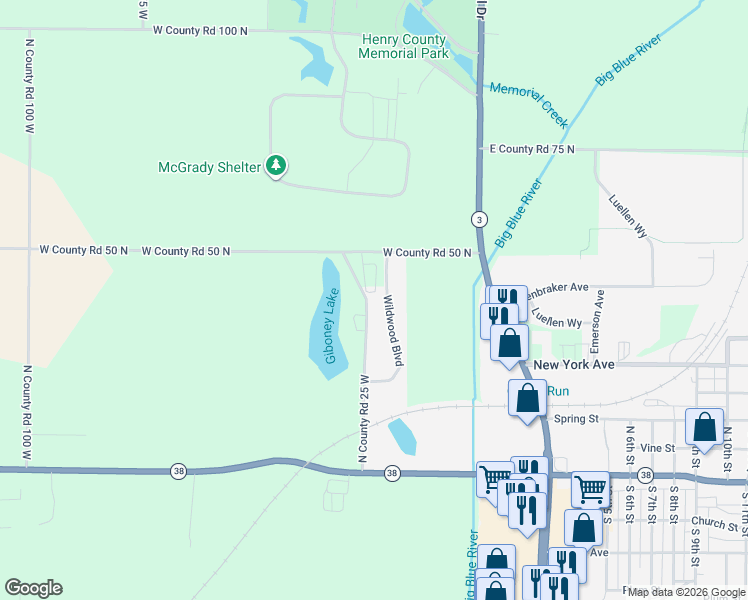 map of restaurants, bars, coffee shops, grocery stores, and more near 416 N County Road 25 West in New Castle