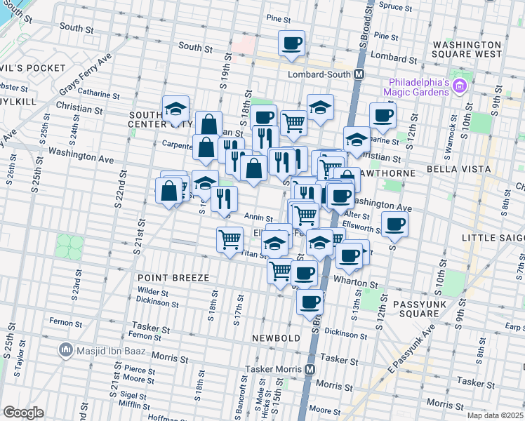 map of restaurants, bars, coffee shops, grocery stores, and more near 1628 Ellsworth Street in Philadelphia