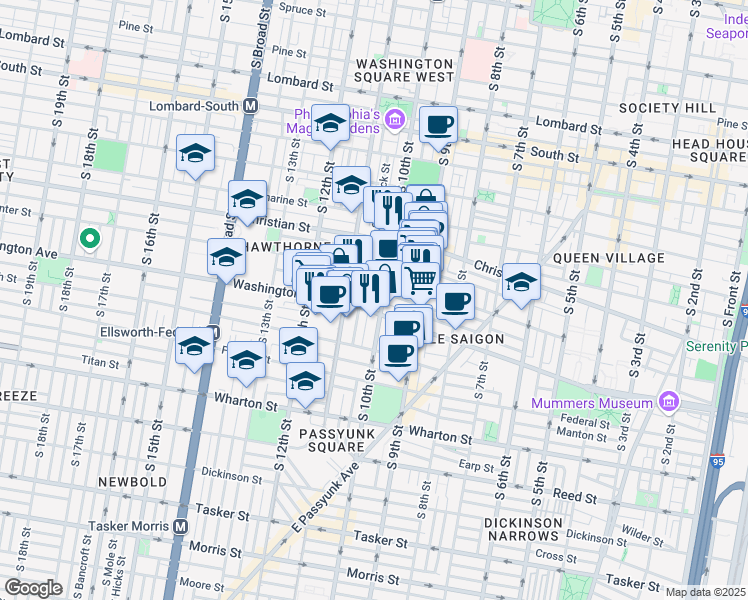 map of restaurants, bars, coffee shops, grocery stores, and more near 1001 Washington Avenue in Philadelphia